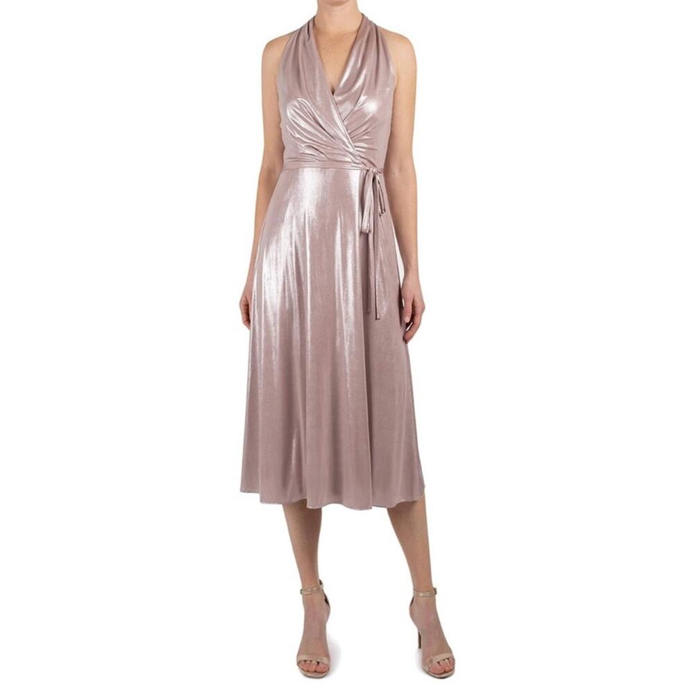 NWT Donna Ricco Midi Dress Metallic Shimmer Flowy Skirt Blush Pink DR51867 Sz 12